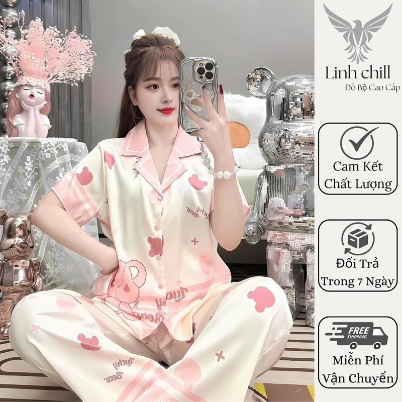  Bộ Ngủ Nữ Mặc Ở Nhà Tiểu Thư Pyjama Cộc Dài Chất Lụa Cát Mềm Mịn Màu Trắng Sữa Trẻ Trung Cá Tính Size 40-68kg đô  bô  xinh 