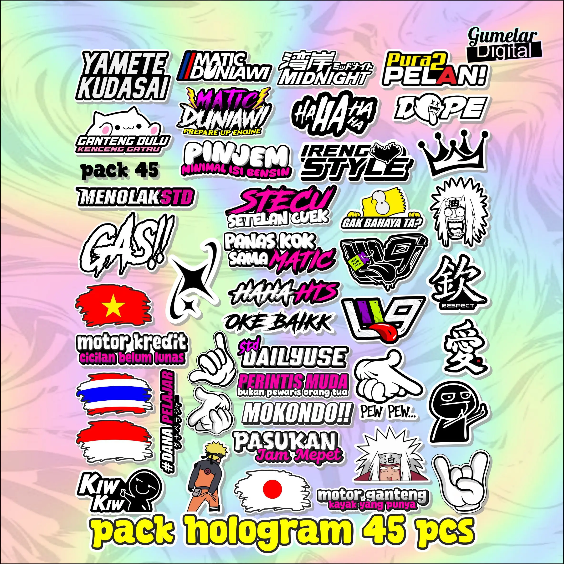 STIKER PACK HOLOGRAM 45PCS BENDERA MATIC DUNIAWI W9 STD DAILY USE HAHA HTS MATIC DUNIAWI STIKER RACING KEKINIAN VIRAL