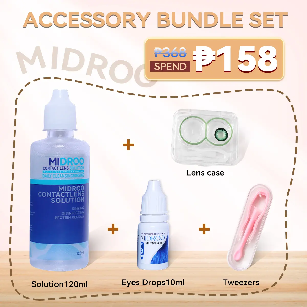 (Spend 158₱ Get 1 Free Lens)Midroo Accessory Bundle Set Contact Lens Tools 120ml Solution+10ml eye drops+Lens Case+tweezers Set