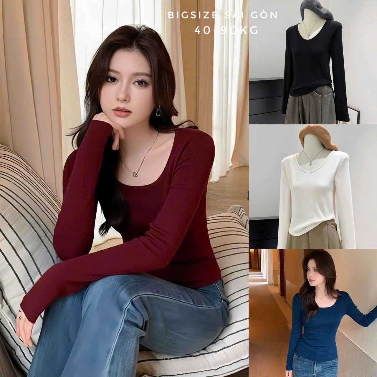Áo Thun Nữ Tay Dài Phối Cổ Vuông Vải Thun Ruby Mềm Mịn Cao Cấp Thanh Lịch Bigsize 45–90kg - B.1657