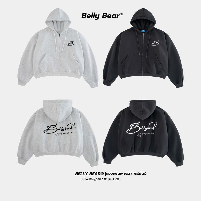 Áo Khoác Hoodie Zip Chữ B Form Rộng  Boxy Thêu Xù Nỉ Lót Bông Belly Bear