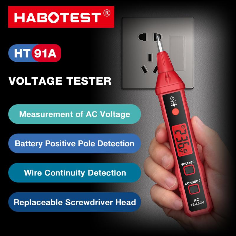 Máy Dò Điện Áp, HABOTEST HT91A, AC, NCV, 12 ~ 400V, Loại Bút, Máy Kiểm Tra Điện Áp, Cho Dây Còn / Không Có, Có Đèn Pin, Màn Hình LCD, Thiết Bị Tìm Điểm Ngắt, Chức Năng Giữ Ngày