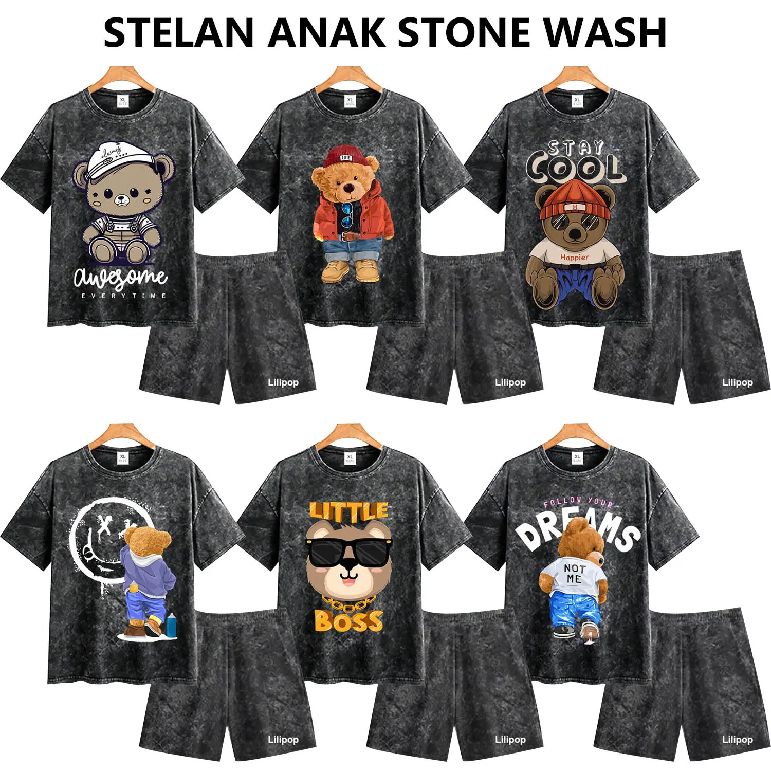 COD Setelan Anak  Stone Wash Set Distro Basic Anak Cowok dan Cewek BEAR CUTE Motif Fashion