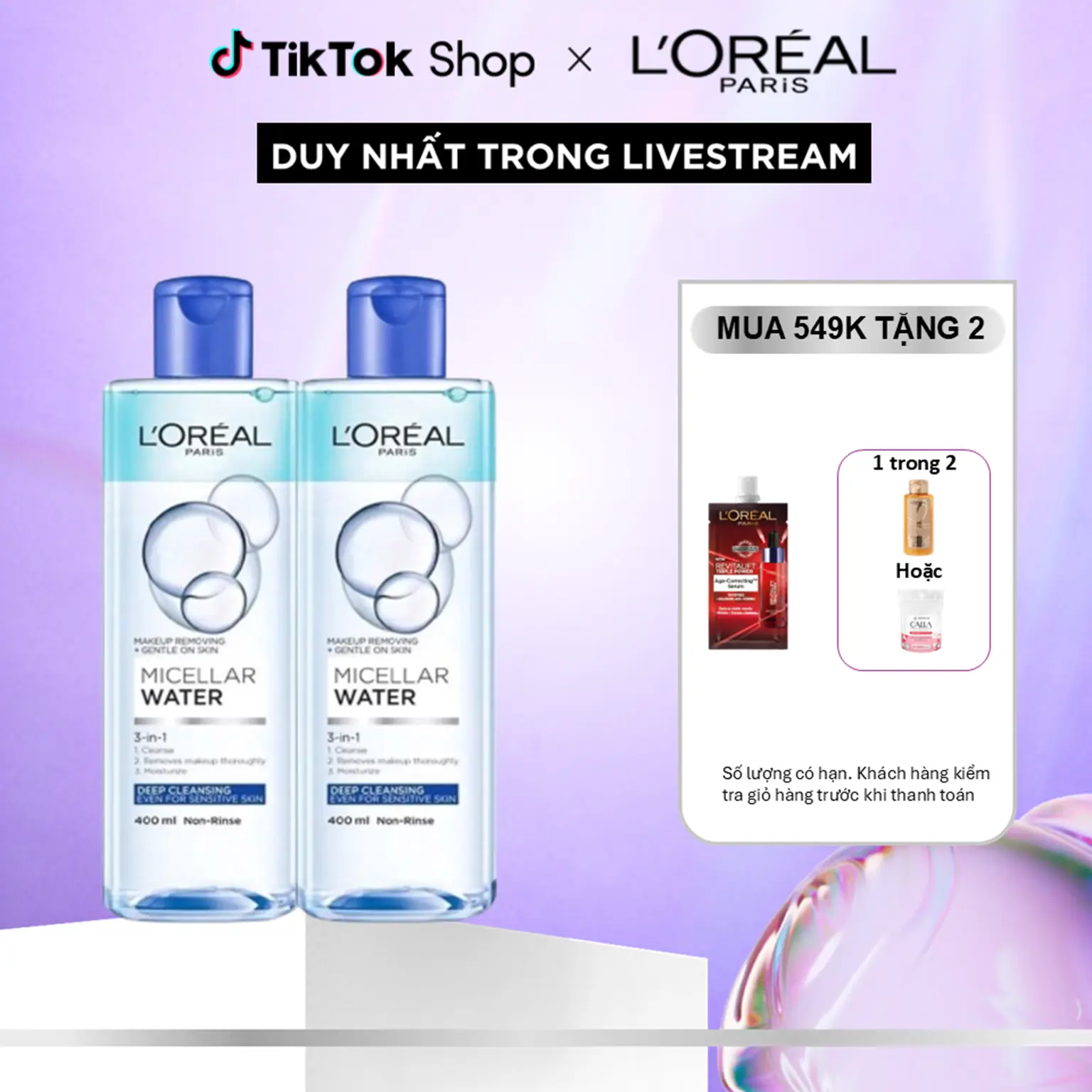 [BOM] [KOL] Bộ 2 nước tẩy trang đa năng 3-in-1 làm sạch sâu L'Oreal Paris (xanh dương đậm) 400mlx2 LOREAL x Hannah -