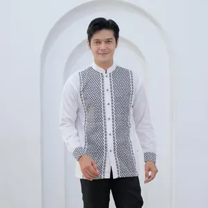 KINANA COLLECTION koko pria dewasa lengan panjang motif songket kekinian lebaran Muslim Kurta Katun Pendek size  M L XL (panjang marset motif turun) Putih Hitam