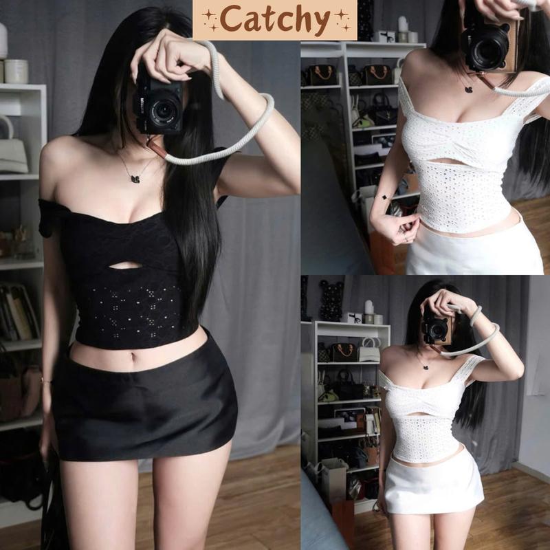 Set Áo Kiểu Nữ CATCHYstore áo kiểu form croptop tay cánh tiên phối chân váy ngắn cạp trễ sang chảnh đi chơi party 