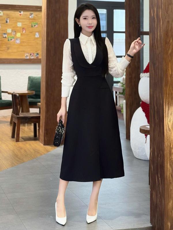  Váy Đầm Thiết Kế Ella Desgin dành cho nữ kiểu đáng váy midi dài tay phối cổ và tay áo màu trắng phù hợp mặc đi làm đi chơi  có bigsize B51 