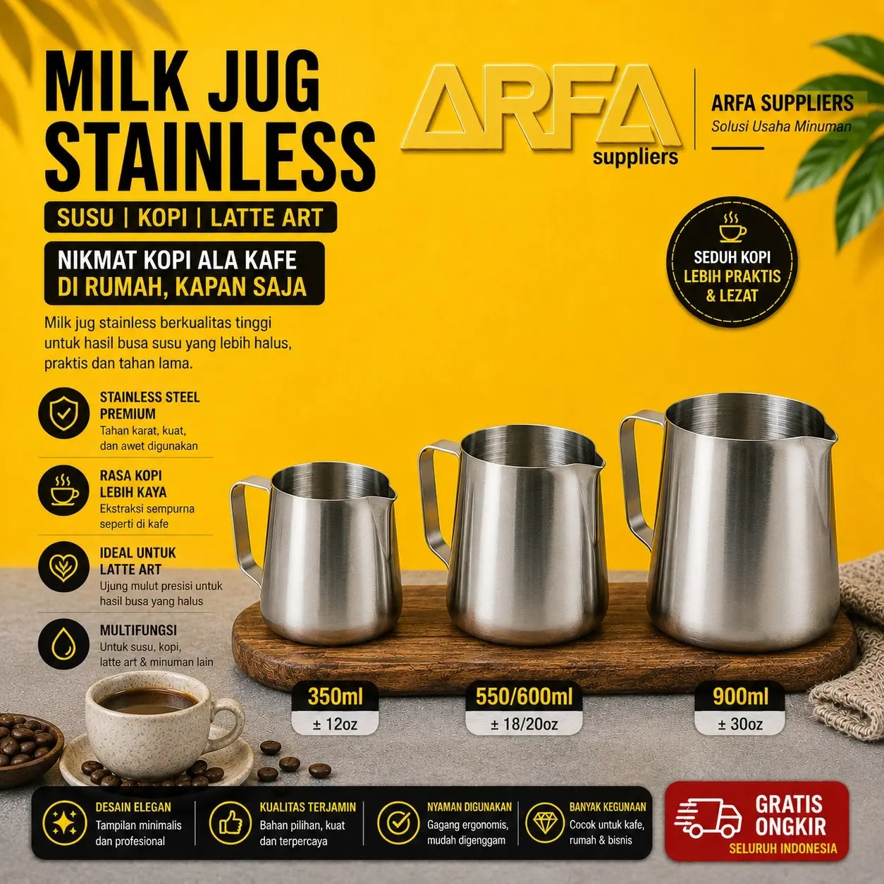 ZM078 Milk Jug 350ml, 550ml, 900ml Silver with Scale One Two Cups