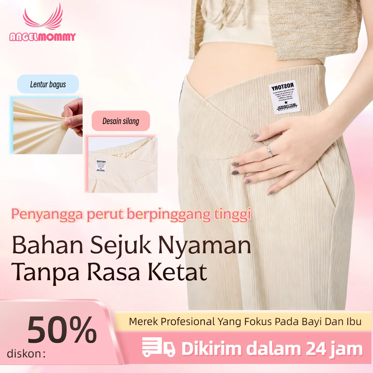ANGEL MOMMY Celana kasual ibu hamil bahan sutra es model kaki lebar longgar ringan nomor 7152