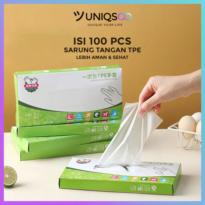 UNIQSOO 100 pcs Sarung Tangan TPE Sekali Pakai Sarung Tangan Plastik Pembersih Rumah Tangga Bebas Latex Hand Gloves Higienis Steril XY068