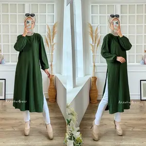 Azzahra Grosir - Kimia Long Tunik Wanita Panjang Knit Belah samping Tania Tunik Atasan Muslim Kaos Tangan Balon