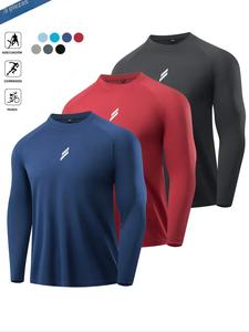 Camisetas deportivas de manga larga para hombre, diseño de pecho reflectante, cuello redondo casual, tela de punto de poliéster, ideales para el gimnasio y actividades diarias