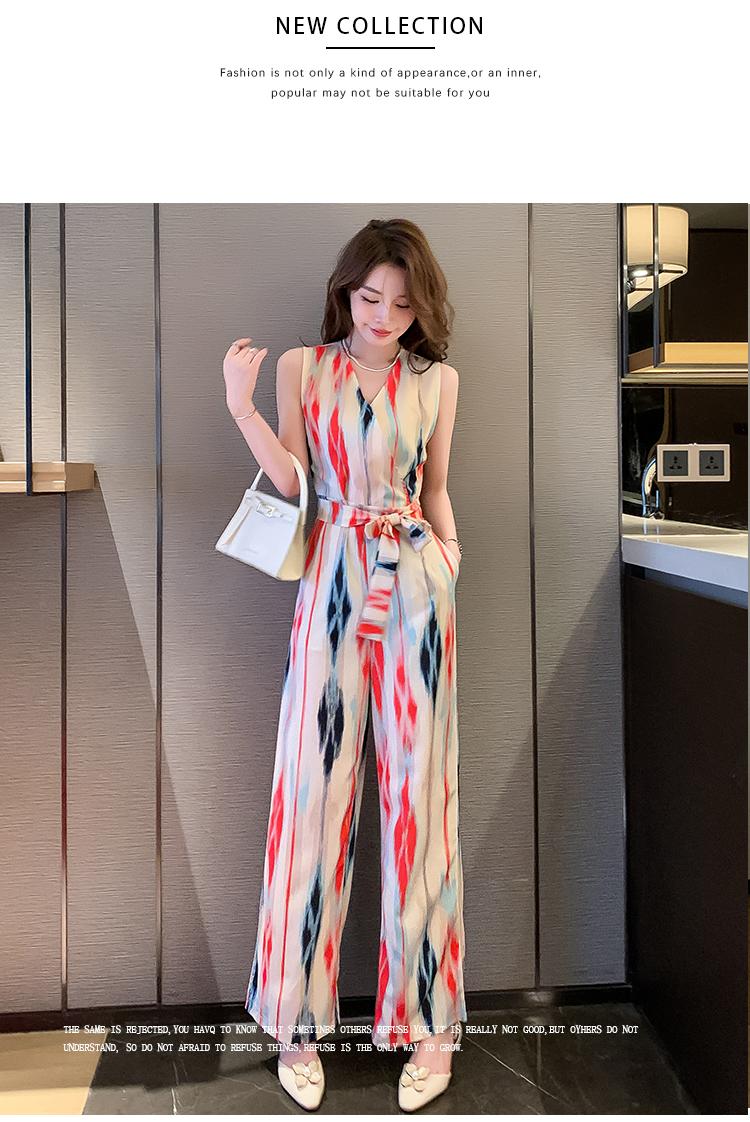 Product Introduction of Áo Jumpsuit Quần Đi Kỳ Nghỉ Và Văn Phòng, Hàng Mới Về, Phong Cách Hàn Quốc, Thời Trang, Thanh Lịch, Vải Voan In Hình, Không Tay, Cạp Cao, Mỏng Vừa Vặn, Có Thắt Lưng, Quần Ống Rộng, Bộ Nữ, Hợp Xu hướng, Thích Hợp Cho Mùa Hè Voi Kem set a 9