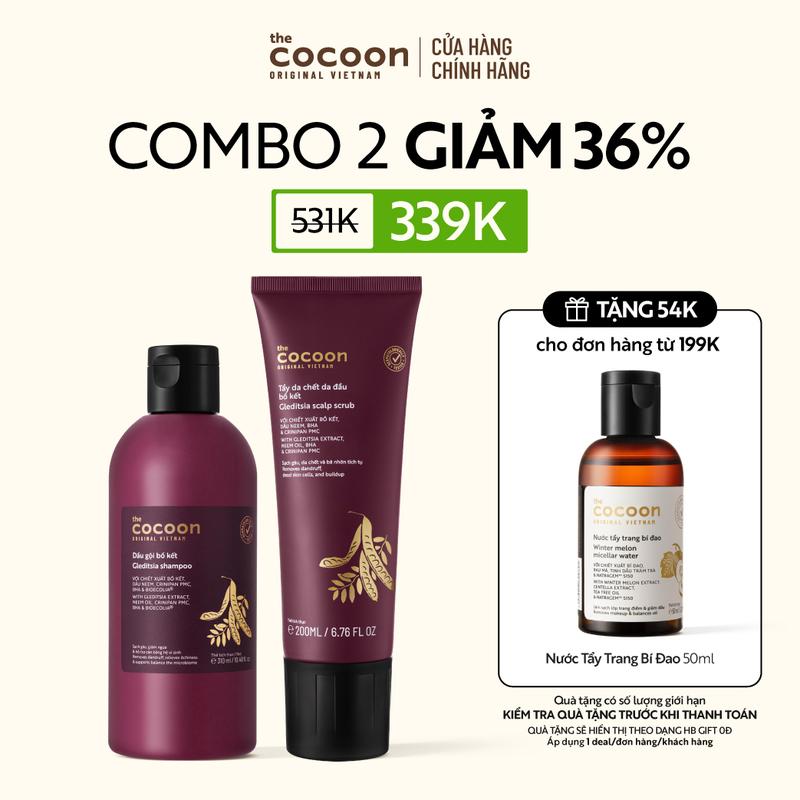 COMBO Dầu gội bồ kết Cocoon sạch gàu, giảm ngứa, hỗ trợ cân bằng hệ vi sinh 310ml + Tẩy da chết da đầu bồ kết 200ml