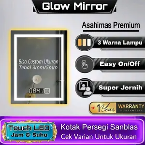 Cermin LED Dinding Wastafel Kotak Persegi Kamar Mandi Touch Screen 3 Warna Lampu Jam & Suhu Premium