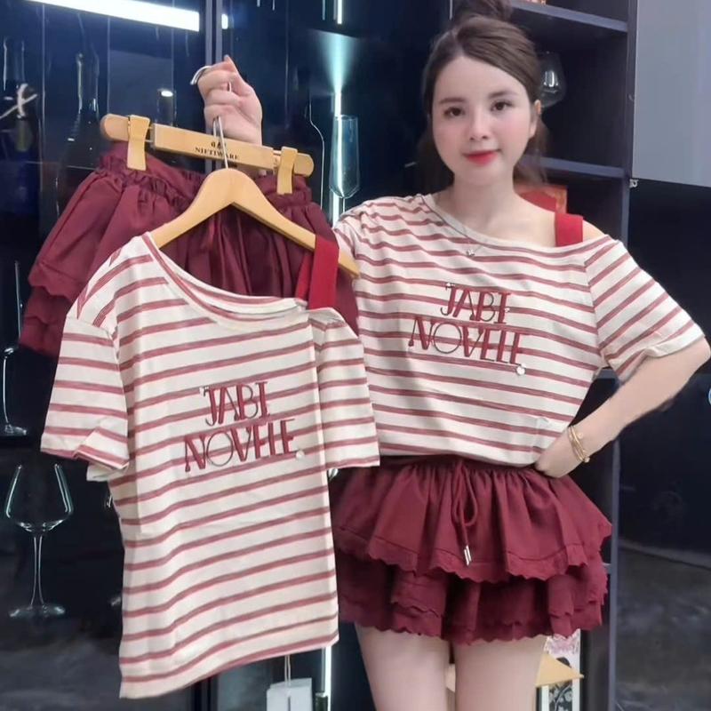 Set Áo Trễ Vai Kẻ Đỏ Thêu Chữ Có Dây Chỉnh Mix Chân Váy Xoè 3 Tầng Đỏ Phong Cách Dễ Thương Dễ Mặc Dễ Mix Top Women By TH