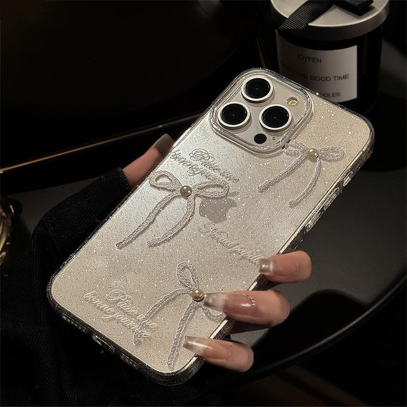 Product Introduction of Sparkly Pearl Bow Glitter Clear Full-Edge Protective Anti-Scratch Phone Case for iPhone 11/12/13/14/15/16 Pro/15 Pro Max Shockproof Anti-Drop Smartphone Case for Women 12
