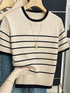 Suéter de punto a rayas para mujer, manga corta, estilo casual y diseño simple, cómodo para uso diario, elegante y agradable