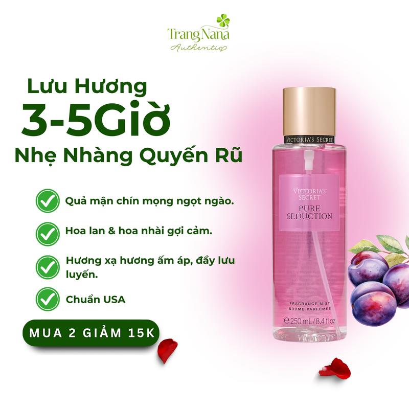 Body Mist Victoria Secret Xịt Thơm Body Mist Pure seduction 250ml - Xịt Thơm Toàn Thân Nữ Hương Thơm Nước Hoa, Lưu Hương 3-5 Tiếng, Phù Hợp Đi Học, Đi Làm, Đi Chơi Cosmetic Perfume Women