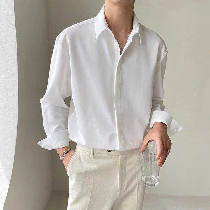 Áo sơ mi tay dài giấu cúc form rộng unisex nam nữ trắng đen cổ bẻ vải lụa mềm mịn từ 40kg-75kg
