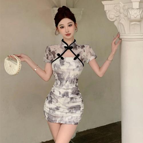Ăn Mặc sườn xám cách tân Phụ Nữ Phụ Nữ tay ngắn Trên Đầu Gối cổ áo Trung Quốc eo cao Thời Trang Thanh Lịch Bodycon Hoa Ngọt Ngào 2024 tiệc tối Buổi Tối Women Dress váy dầm cỡ lớn Plus Size 1