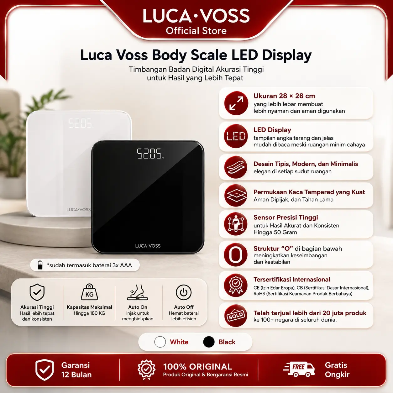 Luca Voss Timbangan Digital Body Scale LED Display | Timbangan Badan Digital | Memiliki 2 satuan Kg dan Lb | LED Display | Super Slim | Sensor Presisi dan Akurasi Tinggi | Digital Scale | 180 Kg