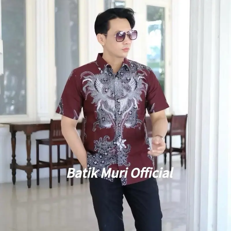 Lengan pendek peksi Burgundy kemeja batik pria slimfit bahan katun prima lapis furing Baju Tebal Merah Burgundy