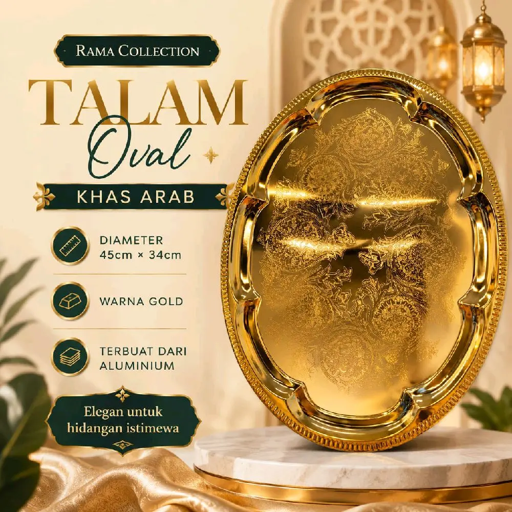 Talam Oval Khas Arab Diameter 45cm x 34cm Warna Gold Terbuat dari Aluminium Elegan untuk Hidangan Istimewa