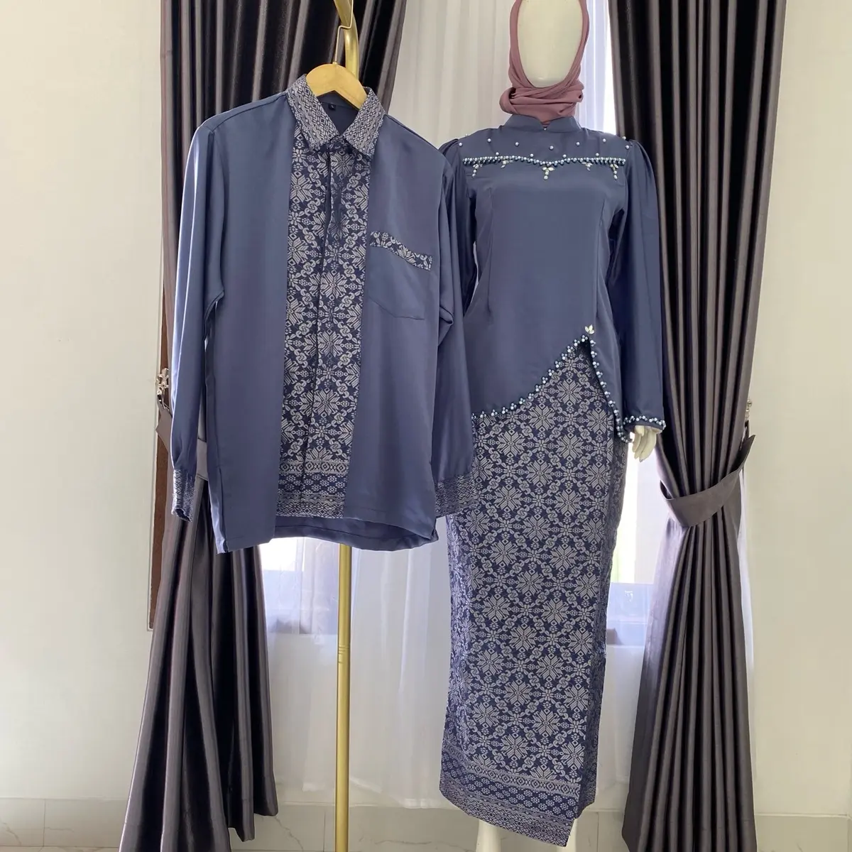 BAJU COUPLE KURUNG MELAYU SONGKET Warna Denim baju lamaran baju tunangan baju kondangan