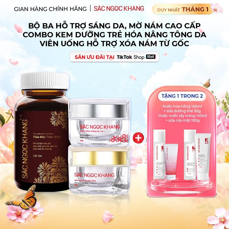  Combo Hỗ Trợ Mờ Nám Dưỡng Sáng Da: Kem Ngày Đêm 30G & Viên Uống SẮC NGỌC KHANG ++ 120 viên - Hỗ trợ Nội Tiết Tố Nữ Căng Mịn Làn Da + HQ 