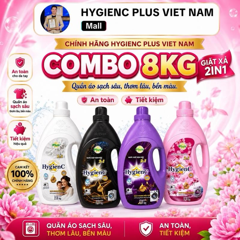 Combo 8kg Giặt Xả 2in1 HygienC Plus sạch, thơm (4Canx2Kg). Làm Sạch Sâu, Thơm Lâu, An Toàn Lành Tính, Nguồn Gốc Xuất Xứ Rõ Ràng