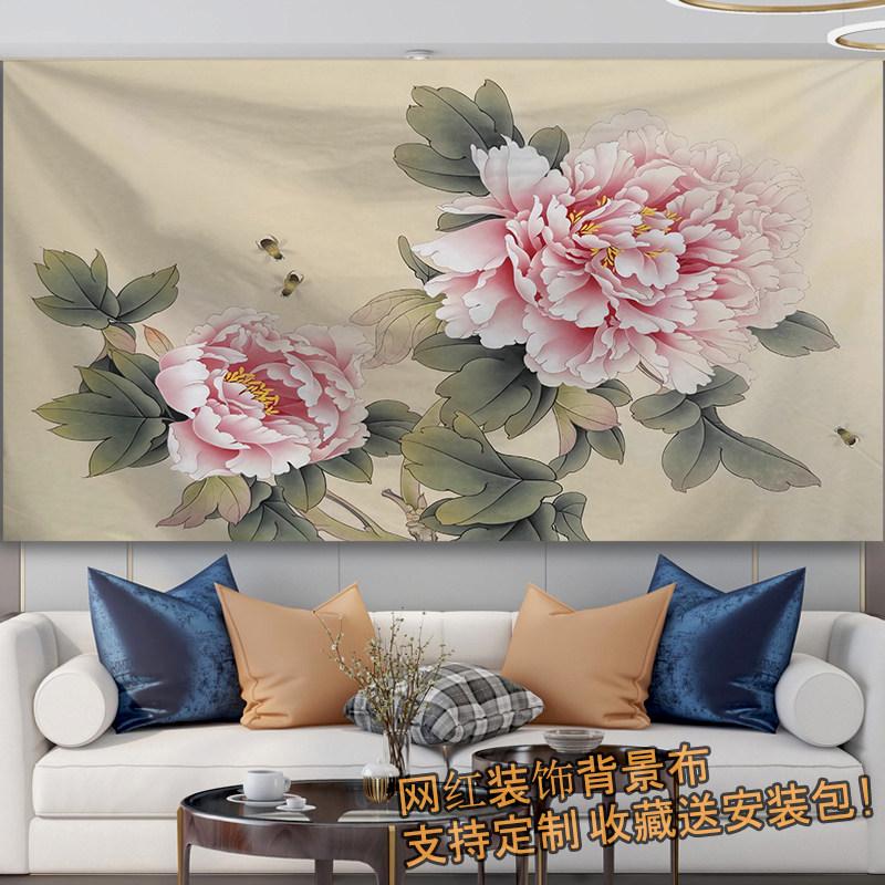 Lukisan peoni bunga nasional bergaya Tionghoa untuk dekorasi ruang tamu, kantor, dan penyewaan rumah, kain latar dinding, karpet gantung untuk live streaming populer