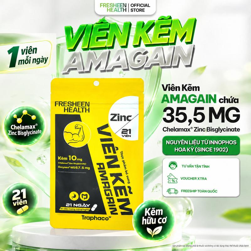 [DEAL SỐC] Viên kẽm AMAGAIN bổ sung Kẽm Chelamax Bisglycinate  phù hợp với người có sức khỏe kém, mệt mỏi, chán ăn rụng tóc - phân phối bởi Fresheen Health