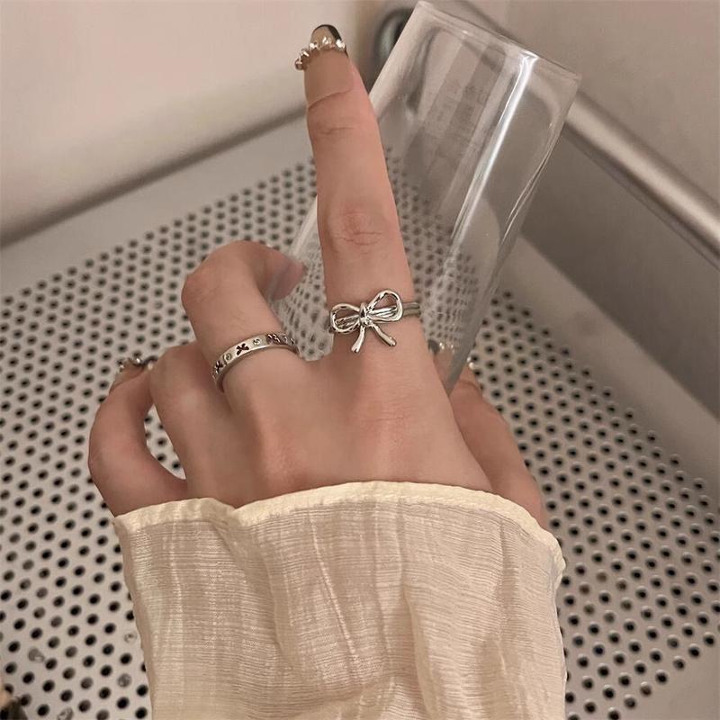 Bộ Nhẫn Nơ Bất Đối Xứng Đều Hàn Quốc Cho Nữ, Màu Bạc, Ins Tinh Xảo, Quà Tặng Ngày Lễ Tình Nhân 6
