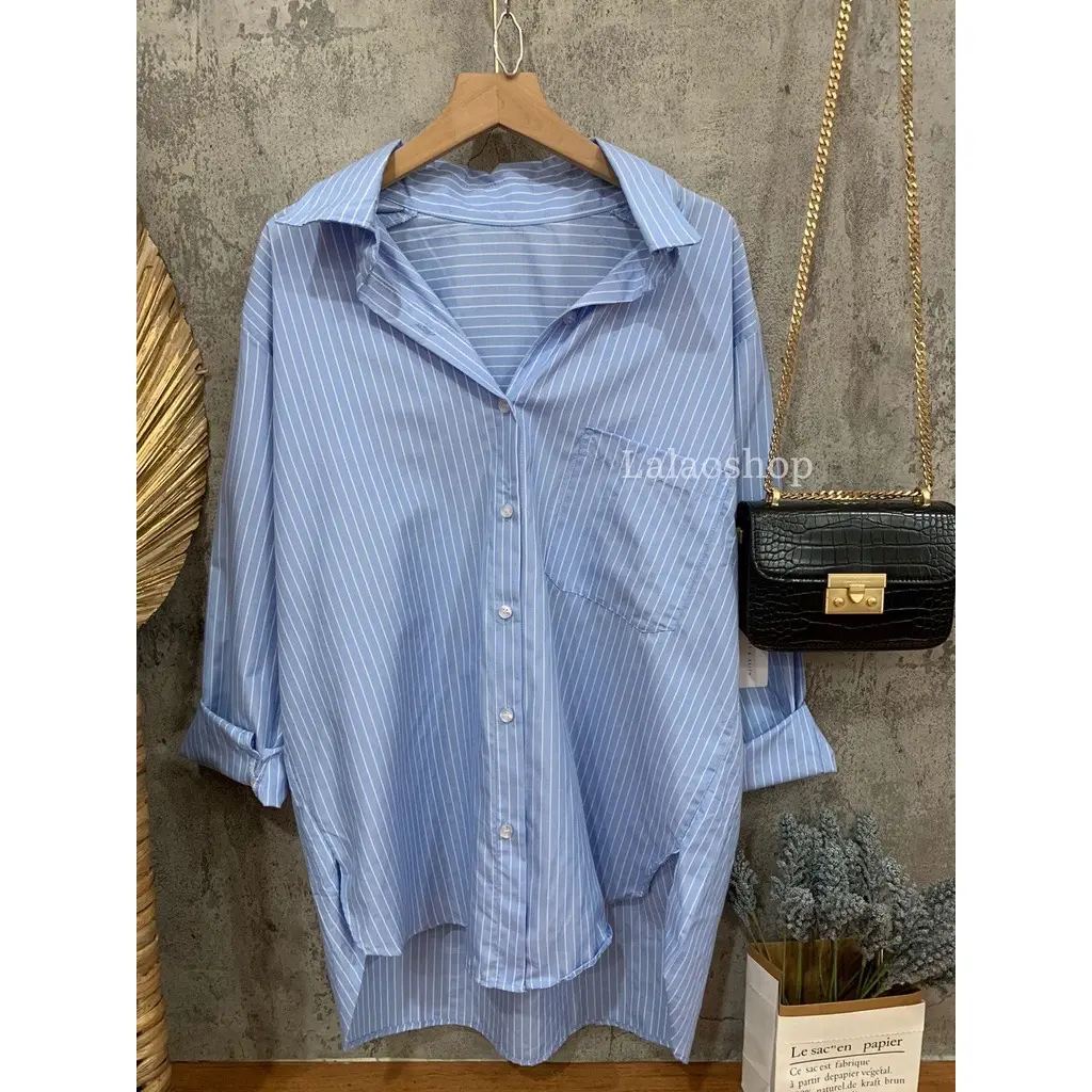 LALAOSHOP - Misca Stripe Oversize Shirt Biru  Atasan Kemeja Salur  Wanita Casual