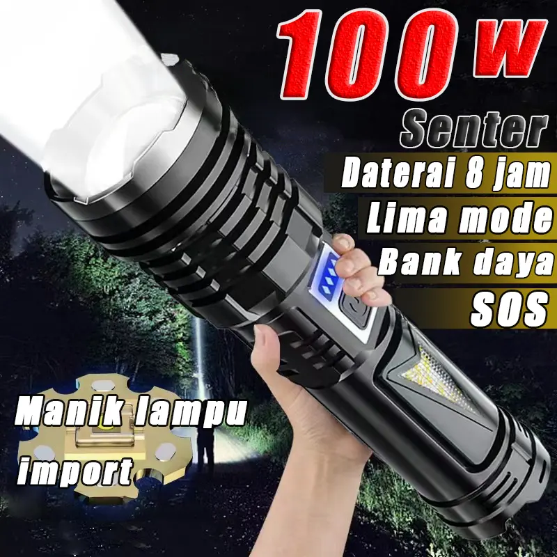 【COB】lampu senter 100watt-Senter Tugas Berat Impor Asli Jerman Isi Ulang LED  Senter Swat Taktis Cahaya Senter Multifungsi Berkemah Jumbo senter terang Baterai Usb Putih senter senter Senter Led lampu  sorot senter  transparan Senter Cahaya senter xhp360