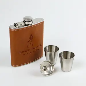 Paket Hip Flask Bottle Leather Botol Minuman Beer Whiskey Stainless Steel Travel 7oz Gratis Shot Glass