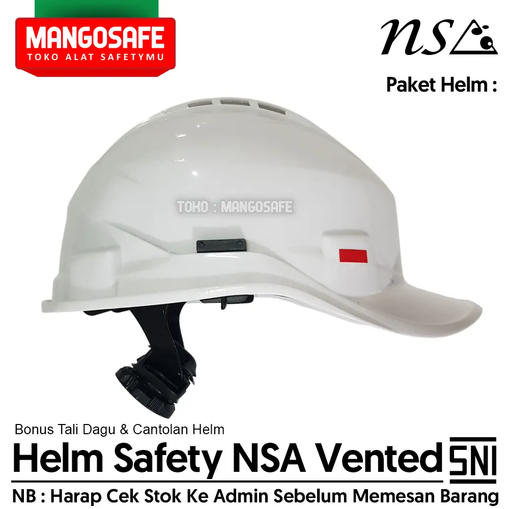 Helm Safety Proyek SNI merek NSA Vented WARNA PUTIH + ikat Kepala Putar + Tali Dagu Karet mirip Deltaplus / Safety Helmet + Fastrac + Rubber Chinstraps
