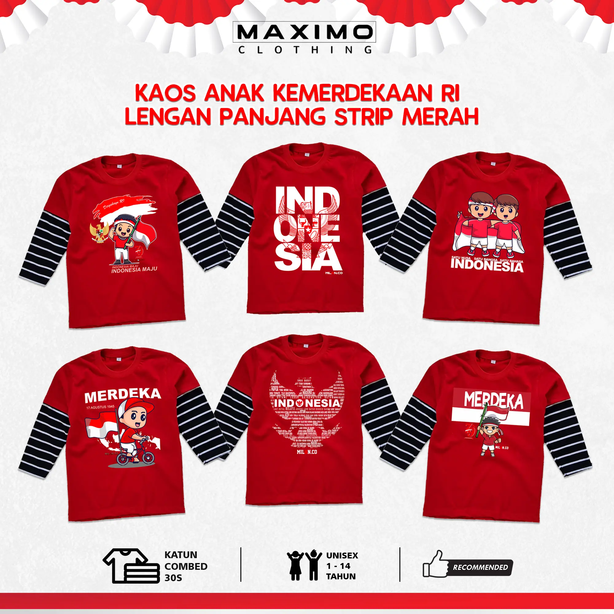 Kaos Anak Kemerdekaan RI Lengan Panjang Salur Merah Bahan Katun Combed Usia 4-12 Tahun - COD - kaos agustusan anak Fashion