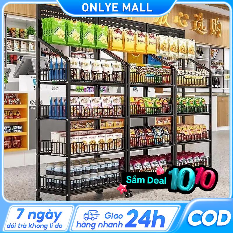 ON Kệ hàng siêu thị di động toàn bằng thép, kệ hàng đồ tạp hóa, kệ đựng đồ ăn vặt gia đình giản dị, 3/4/5 tầng, có móc treo bằng từ lực hút