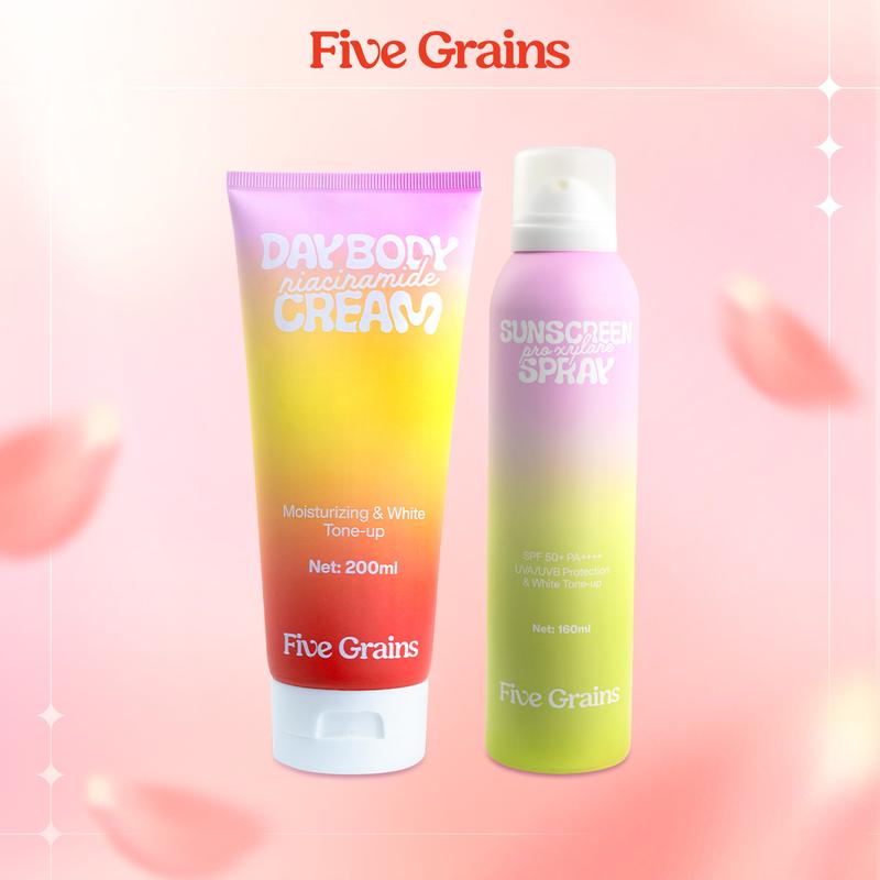 [A] Combo Xịt chống nắng 160ml và Kem dưỡng body nâng tone ban ngày 200ml Five Grains giúp dưỡng trắng da