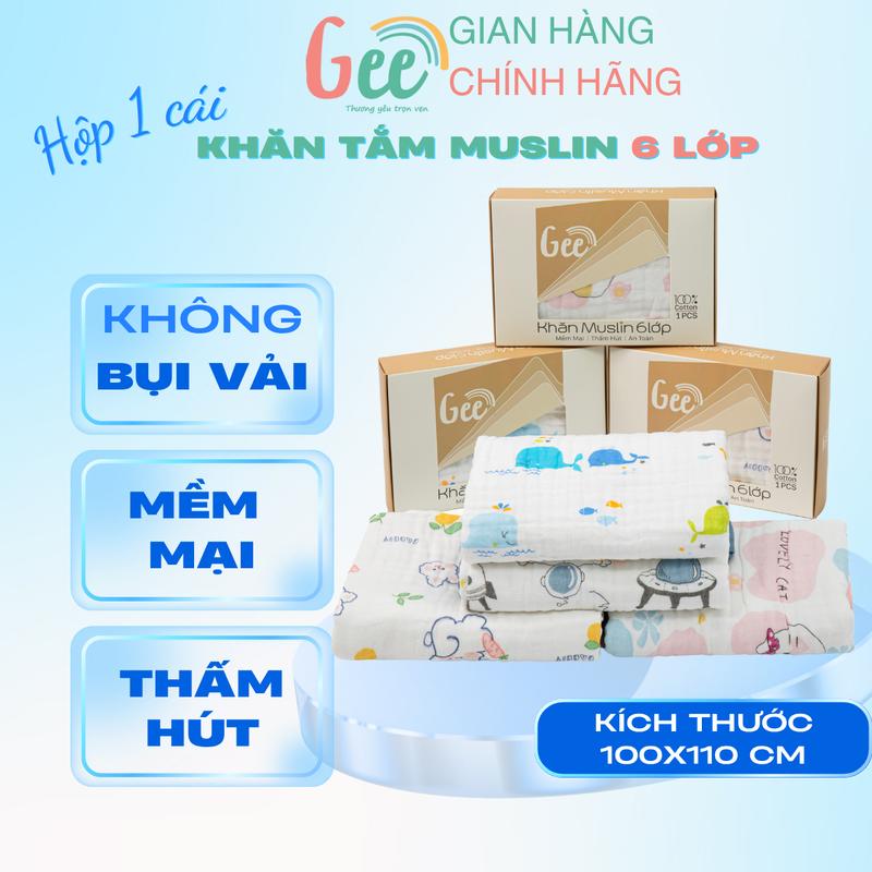 Khăn tắm muslin 6 lớp Gee 100x110cm vải cotton hữu cơ mềm mại cho bé sơ sinh. khăn quấn khăn lau chăn đắp đa năng