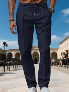 Traje para hombre de todas las estaciones, pantalón casual de color sólido, cintura con cordón elástico, tejido resistente a las arrugas, pierna recta, pliegue frontal, pantalón chino ligero para estilo business casual, oficina y uso diario
