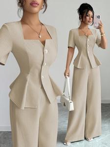 Nueva moda francesa para mujer, diseño adelgazante de primavera y verano, conjunto con camisa de cuello cuadrado en línea A + pantalón recto de pierna ancha