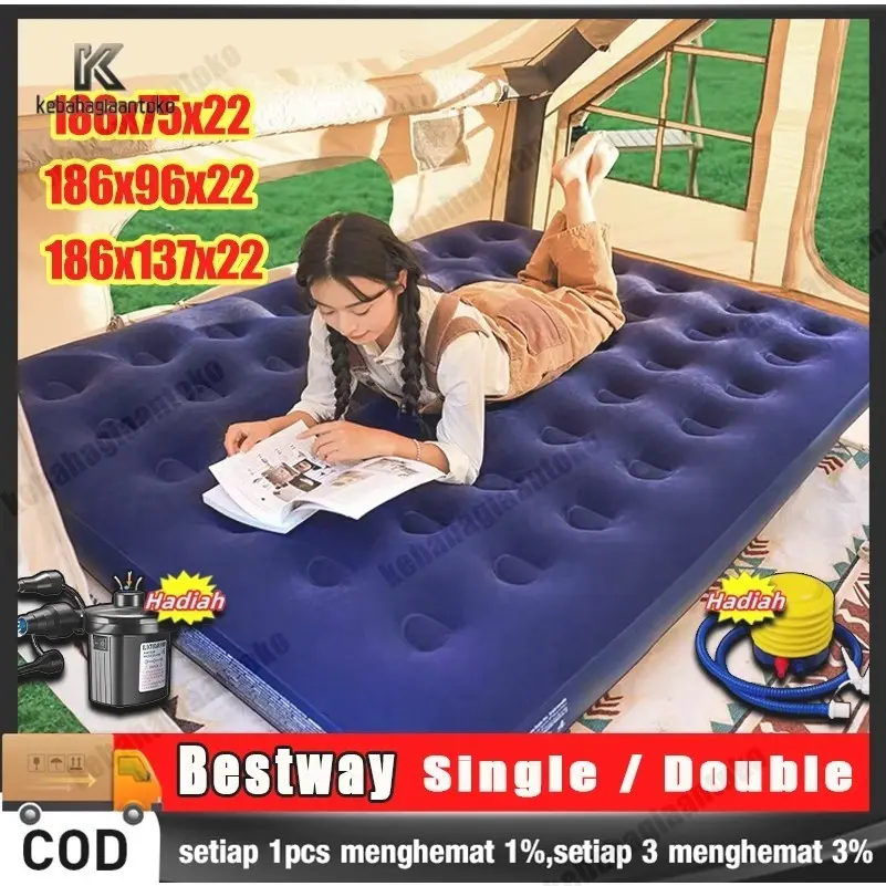 Bestway Kasur Angin Queen Size kasur portable Travelling Kasur Tiup Biru Kasur Angin Double/Kasur Angin Double Murah Single Kasur Berkemah Camping Lipat Tiup Portable/Matras Kasur Angin Karet Sofa Bed Pompa Angin Listrik Pompa Kasur Angin + pompa