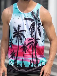 Cetakan Pokok Kelapa, Tanktop Lelaki, Baju Kasual Longgar Tanpa Lengan Untuk Percutian Mdkajxglpjr