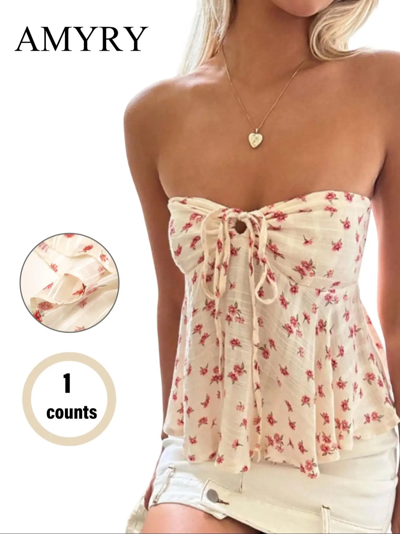 Women's Ditsy Floral Print Tie Front Tube Top, Boho Strapless Top for Summer, Ladies Clothes for Beach Holiday Vacation, Womenswear