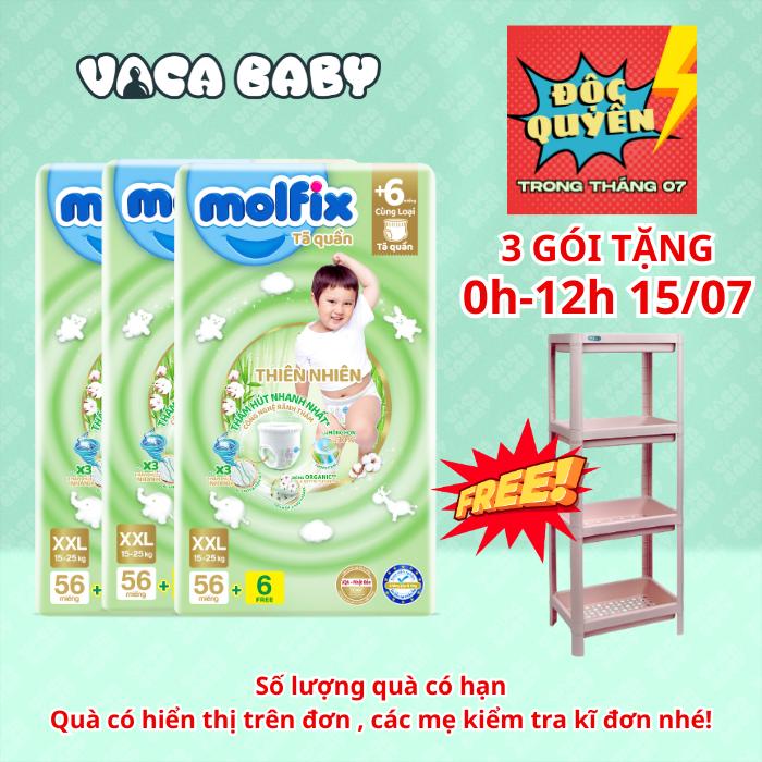 (15/07 0h-12h TẶNG KỆ HOKORI) Combo 3 gói tã quần Molfix cực đại thiên nhiên đủ size M76+6/ L68+6/ XL62+6/ XXL56+6 miếng
