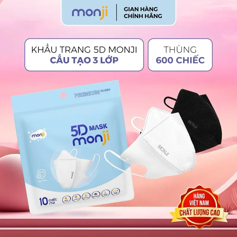 Thùng 600 khẩu trang 5D Monji, cao cấp chính hãng, mix màu tuỳ ý, kháng khuẩn chống bụi mịn, phụ kiện