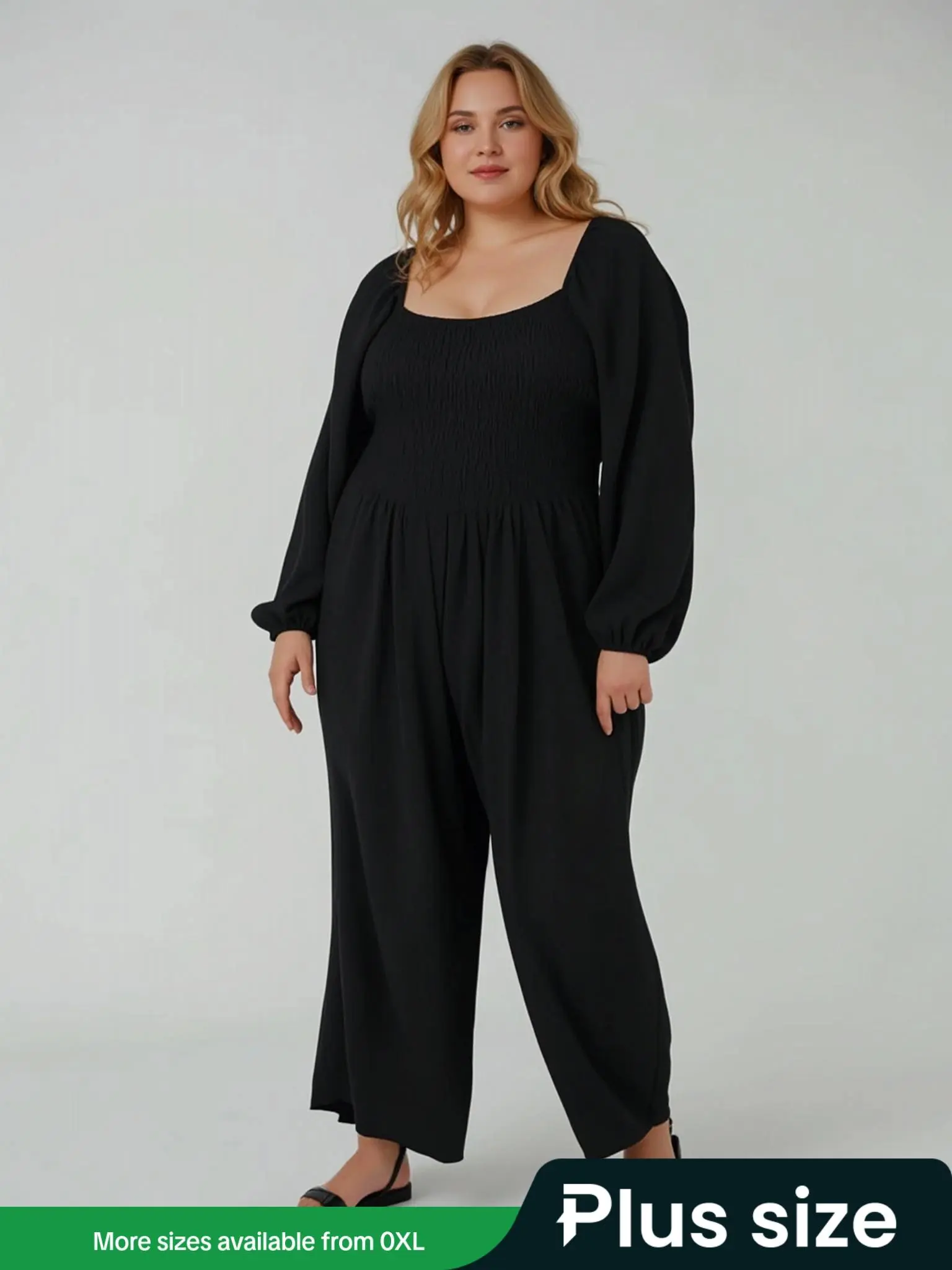 【Plus Size】 Solid Color Bishop Sleeve Square Neck Shirred Jumpsuit, Modern Chic Casual Pocket Wide Leg Jumpsuit for Spring & Fall, Women's Clothes for Daily Wear